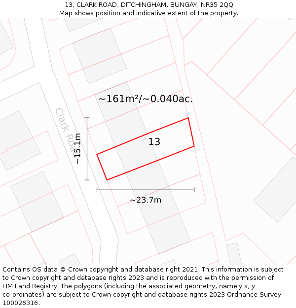 13, CLARK ROAD, DITCHINGHAM, BUNGAY, NR35 2QQ: Plot and title map