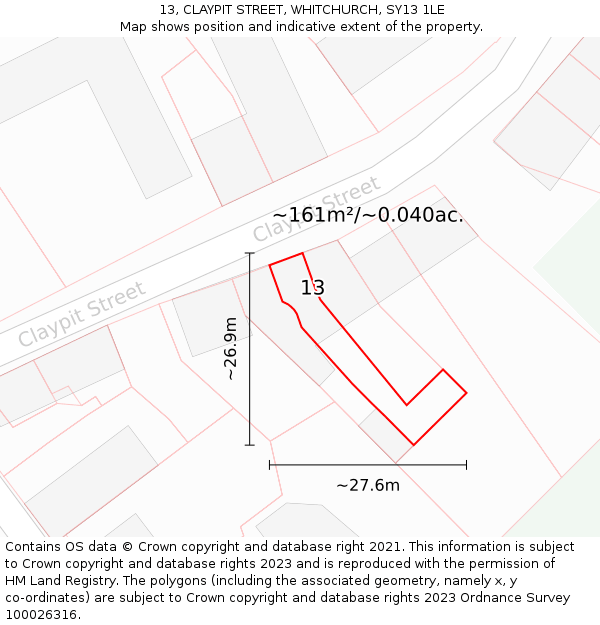 13, CLAYPIT STREET, WHITCHURCH, SY13 1LE: Plot and title map