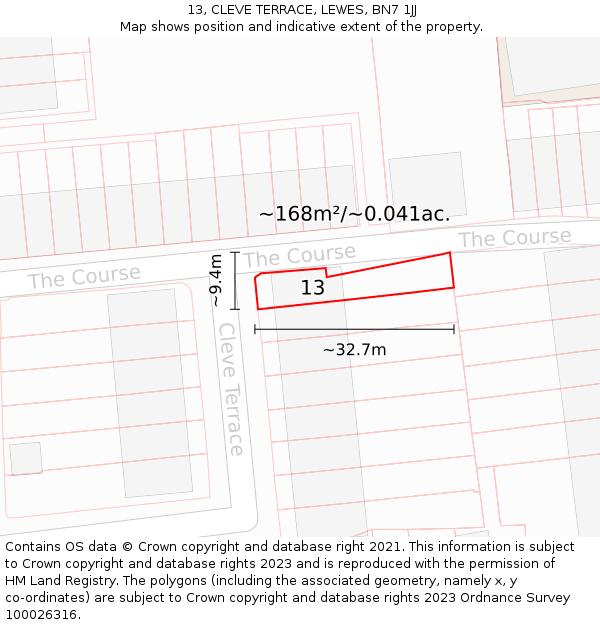 13, CLEVE TERRACE, LEWES, BN7 1JJ: Plot and title map