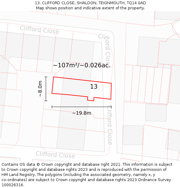 13, CLIFFORD CLOSE, SHALDON, TEIGNMOUTH, TQ14 0AD: Plot and title map