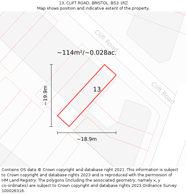 13, CLIFT ROAD, BRISTOL, BS3 1RZ: Plot and title map