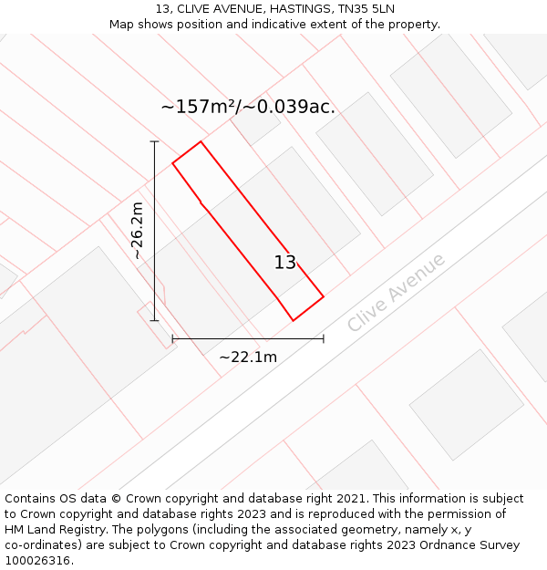 13, CLIVE AVENUE, HASTINGS, TN35 5LN: Plot and title map