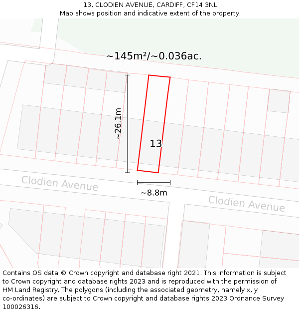 13, CLODIEN AVENUE, CARDIFF, CF14 3NL: Plot and title map