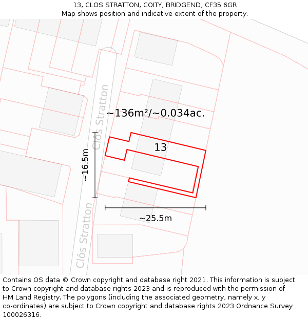 13, CLOS STRATTON, COITY, BRIDGEND, CF35 6GR: Plot and title map