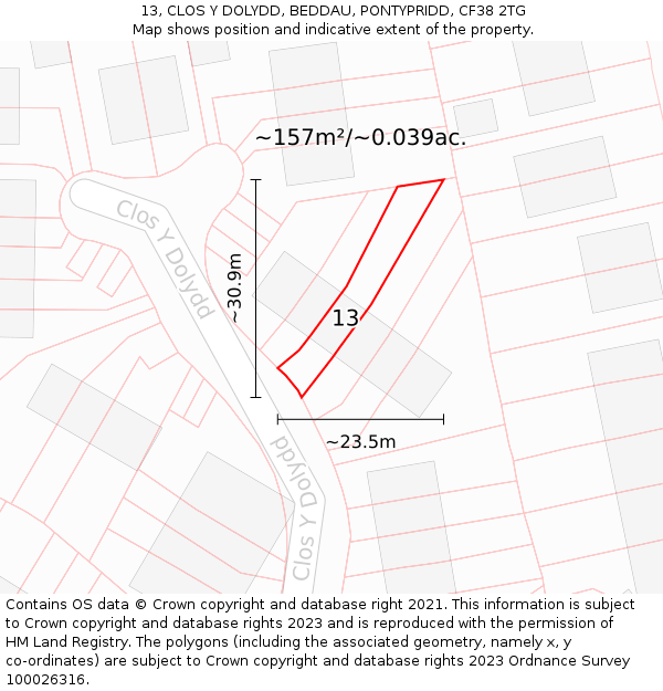 13, CLOS Y DOLYDD, BEDDAU, PONTYPRIDD, CF38 2TG: Plot and title map