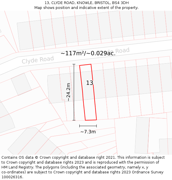 13, CLYDE ROAD, KNOWLE, BRISTOL, BS4 3DH: Plot and title map