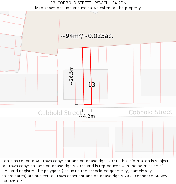 13, COBBOLD STREET, IPSWICH, IP4 2DN: Plot and title map
