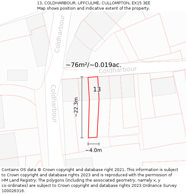 13, COLDHARBOUR, UFFCULME, CULLOMPTON, EX15 3EE: Plot and title map