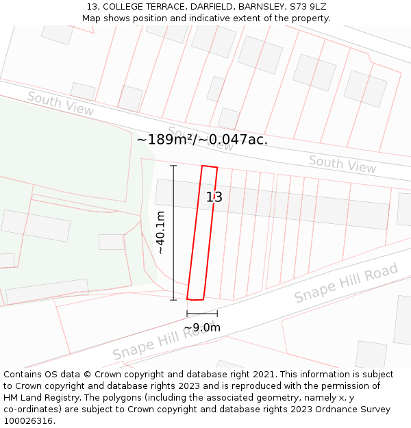13, COLLEGE TERRACE, DARFIELD, BARNSLEY, S73 9LZ: Plot and title map