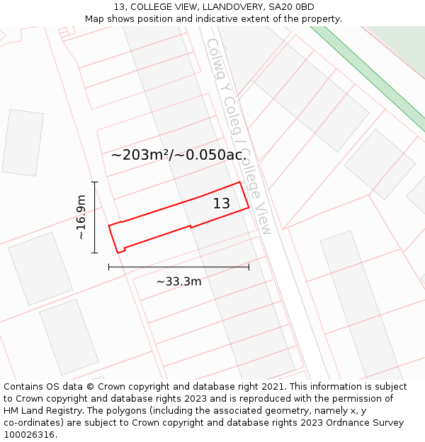 13, COLLEGE VIEW, LLANDOVERY, SA20 0BD: Plot and title map