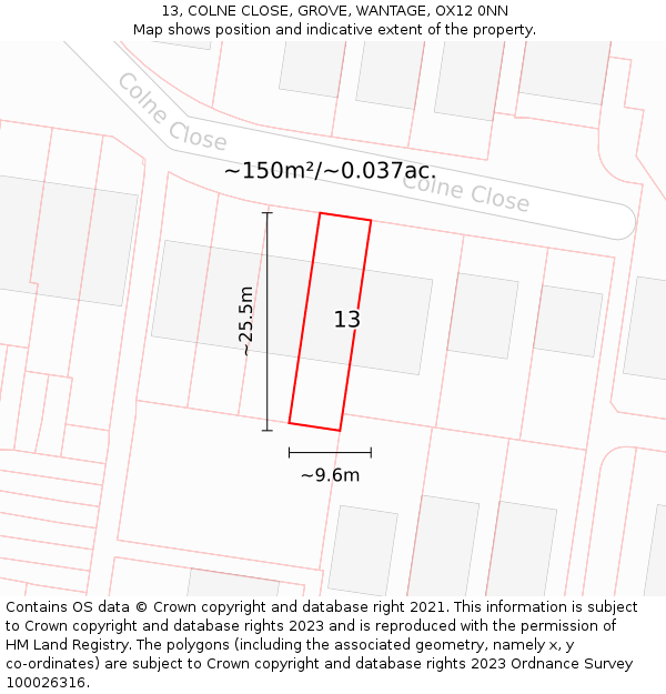 13, COLNE CLOSE, GROVE, WANTAGE, OX12 0NN: Plot and title map