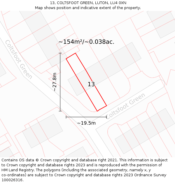 13, COLTSFOOT GREEN, LUTON, LU4 0XN: Plot and title map