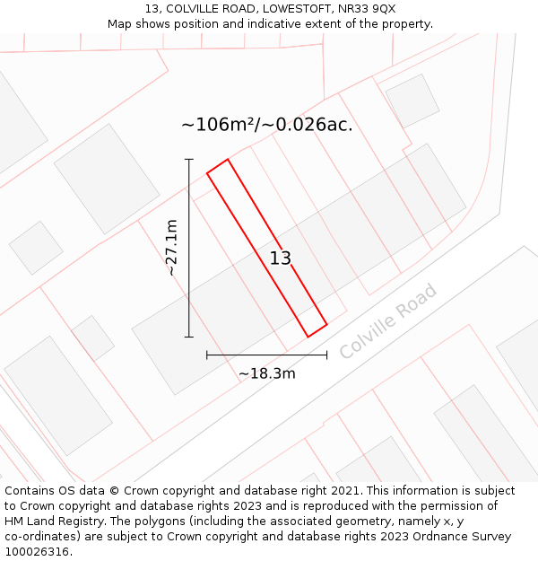 13, COLVILLE ROAD, LOWESTOFT, NR33 9QX: Plot and title map