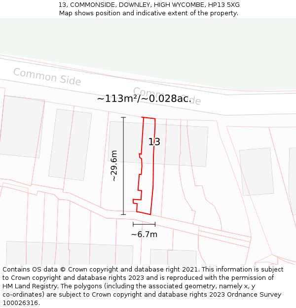 13, COMMONSIDE, DOWNLEY, HIGH WYCOMBE, HP13 5XG: Plot and title map