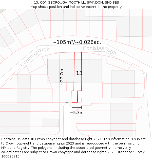 13, CONISBOROUGH, TOOTHILL, SWINDON, SN5 8ES: Plot and title map