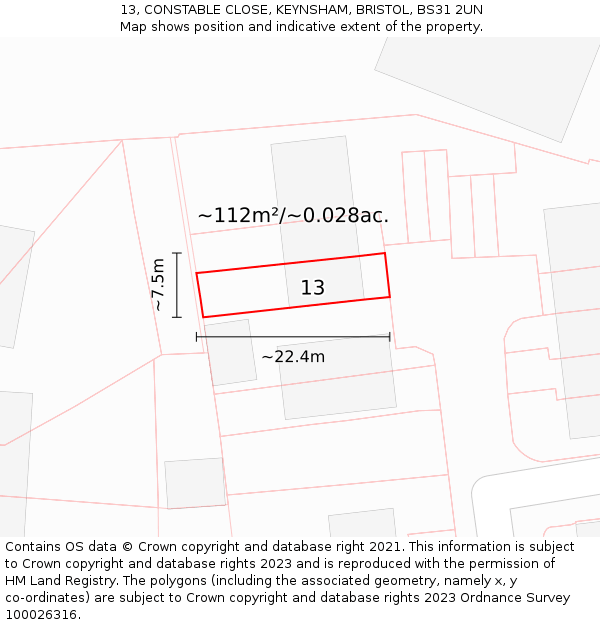 13, CONSTABLE CLOSE, KEYNSHAM, BRISTOL, BS31 2UN: Plot and title map