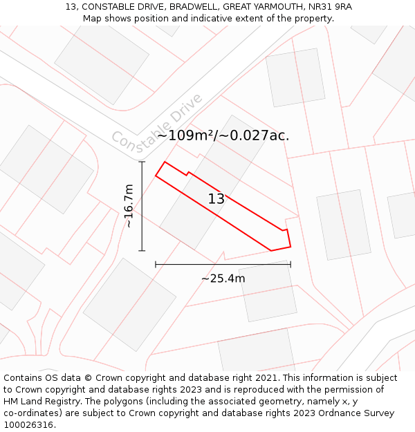13, CONSTABLE DRIVE, BRADWELL, GREAT YARMOUTH, NR31 9RA: Plot and title map