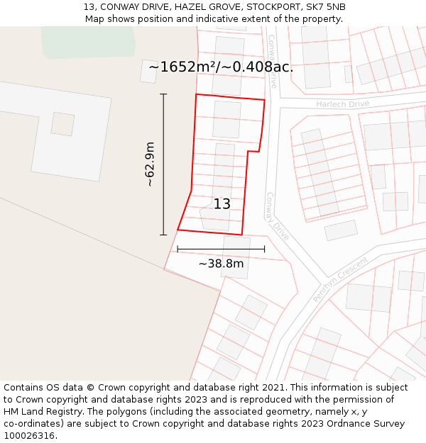 13, CONWAY DRIVE, HAZEL GROVE, STOCKPORT, SK7 5NB: Plot and title map