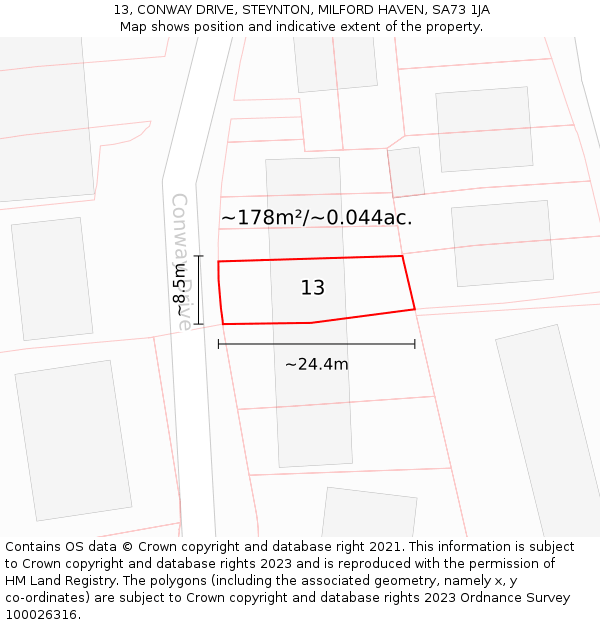 13, CONWAY DRIVE, STEYNTON, MILFORD HAVEN, SA73 1JA: Plot and title map