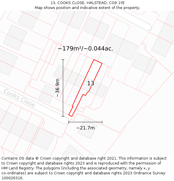 13, COOKS CLOSE, HALSTEAD, CO9 1YE: Plot and title map