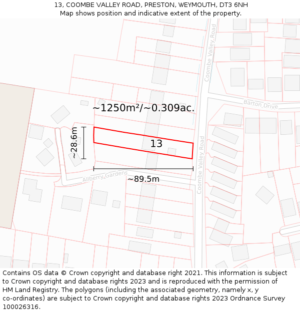 13, COOMBE VALLEY ROAD, PRESTON, WEYMOUTH, DT3 6NH: Plot and title map