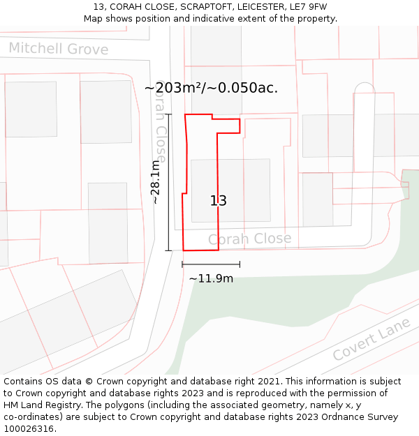 13, CORAH CLOSE, SCRAPTOFT, LEICESTER, LE7 9FW: Plot and title map