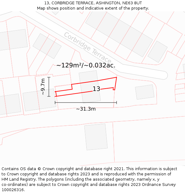 13, CORBRIDGE TERRACE, ASHINGTON, NE63 8UT: Plot and title map