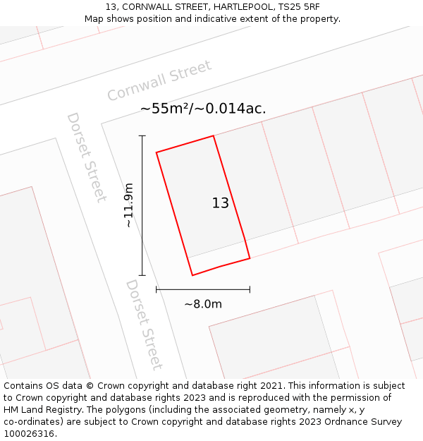 13, CORNWALL STREET, HARTLEPOOL, TS25 5RF: Plot and title map