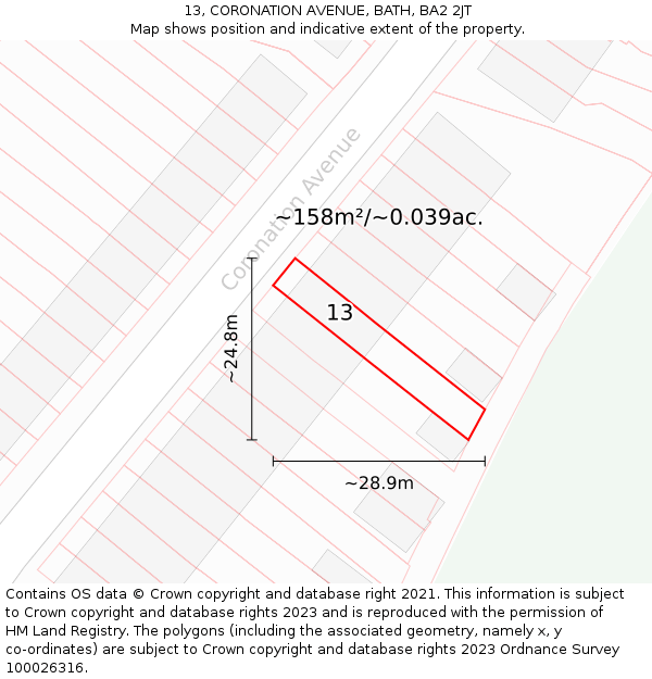 13, CORONATION AVENUE, BATH, BA2 2JT: Plot and title map