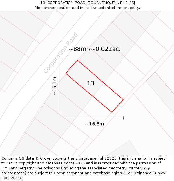 13, CORPORATION ROAD, BOURNEMOUTH, BH1 4SJ: Plot and title map