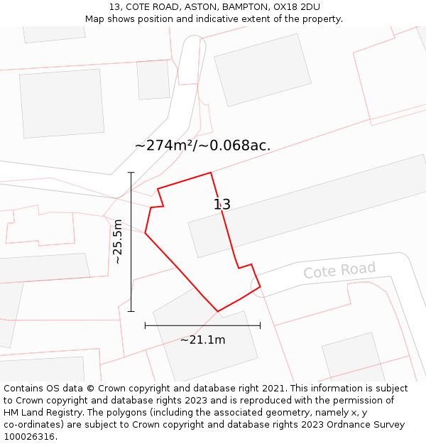 13, COTE ROAD, ASTON, BAMPTON, OX18 2DU: Plot and title map