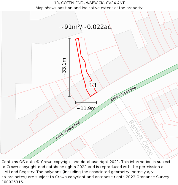13, COTEN END, WARWICK, CV34 4NT: Plot and title map