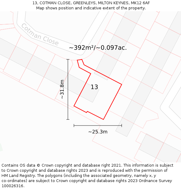 13, COTMAN CLOSE, GREENLEYS, MILTON KEYNES, MK12 6AF: Plot and title map