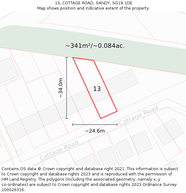 13, COTTAGE ROAD, SANDY, SG19 1DE: Plot and title map