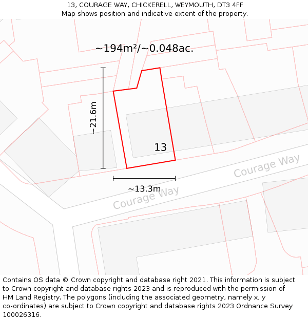 13, COURAGE WAY, CHICKERELL, WEYMOUTH, DT3 4FF: Plot and title map