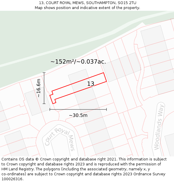 13, COURT ROYAL MEWS, SOUTHAMPTON, SO15 2TU: Plot and title map