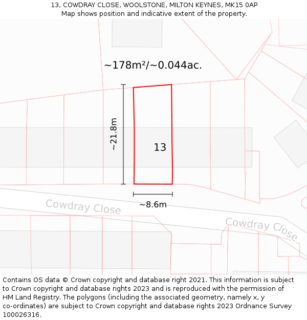 13, COWDRAY CLOSE, WOOLSTONE, MILTON KEYNES, MK15 0AP: Plot and title map