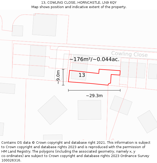 13, COWLING CLOSE, HORNCASTLE, LN9 6QY: Plot and title map