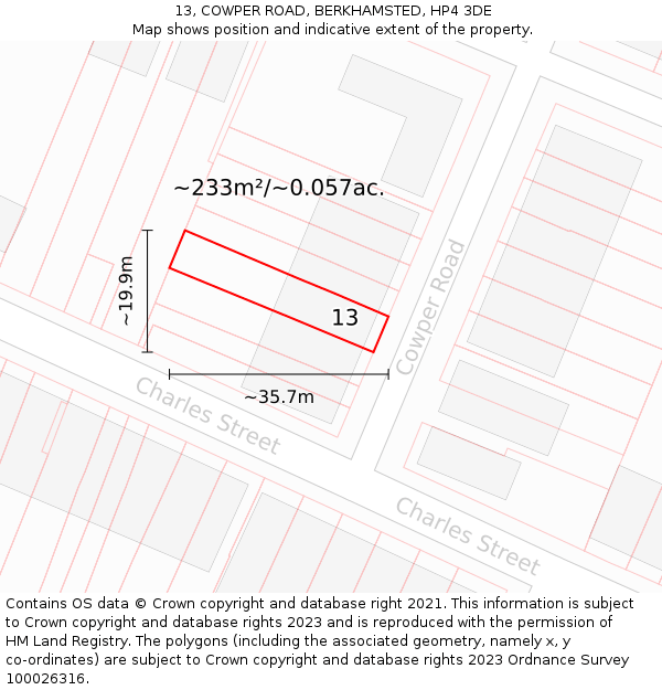 13, COWPER ROAD, BERKHAMSTED, HP4 3DE: Plot and title map