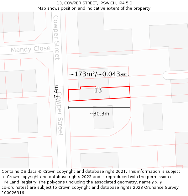 13, COWPER STREET, IPSWICH, IP4 5JD: Plot and title map