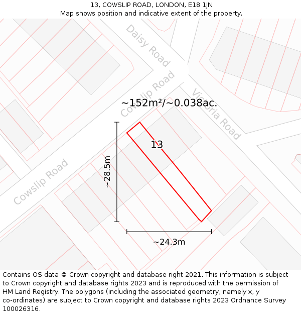 13, COWSLIP ROAD, LONDON, E18 1JN: Plot and title map