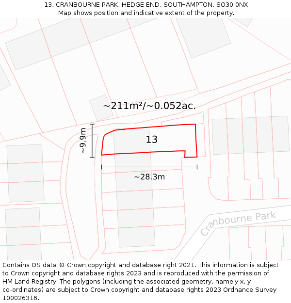 13, CRANBOURNE PARK, HEDGE END, SOUTHAMPTON, SO30 0NX: Plot and title map