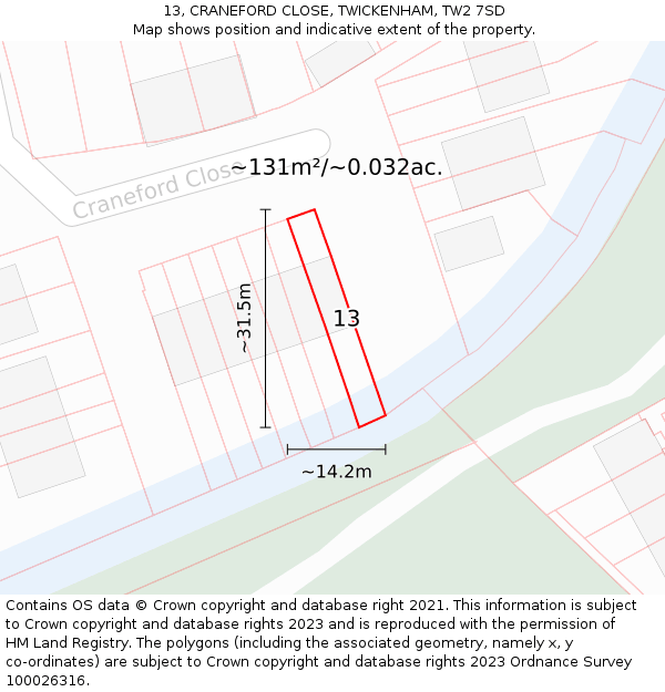 13, CRANEFORD CLOSE, TWICKENHAM, TW2 7SD: Plot and title map