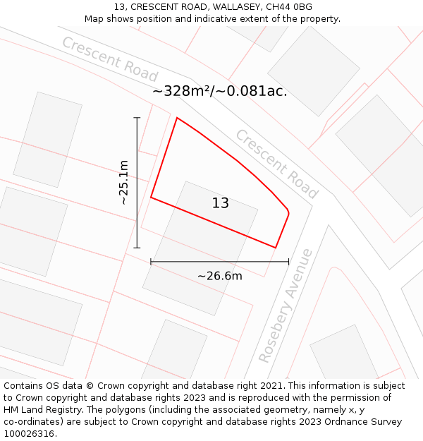 13, CRESCENT ROAD, WALLASEY, CH44 0BG: Plot and title map