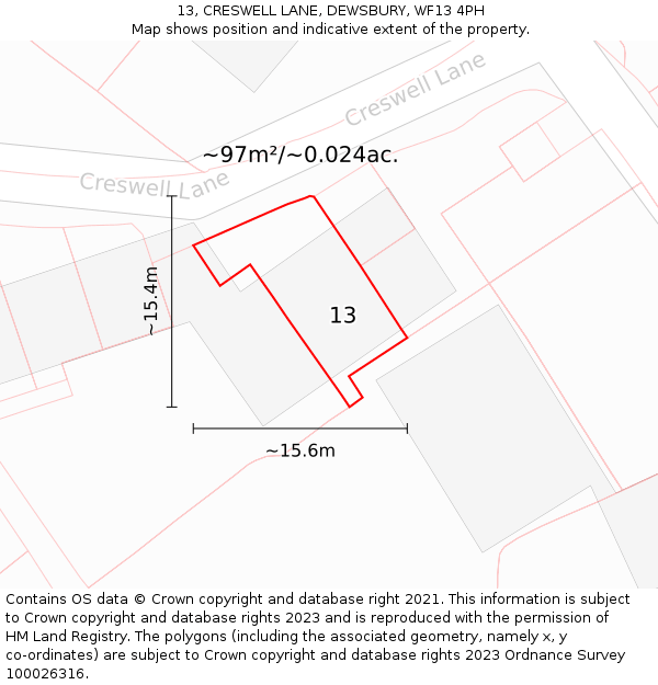 13, CRESWELL LANE, DEWSBURY, WF13 4PH: Plot and title map