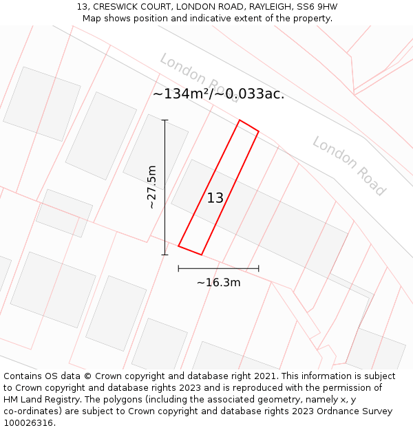 13, CRESWICK COURT, LONDON ROAD, RAYLEIGH, SS6 9HW: Plot and title map