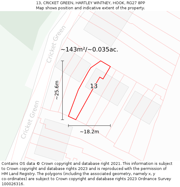 13, CRICKET GREEN, HARTLEY WINTNEY, HOOK, RG27 8PP: Plot and title map