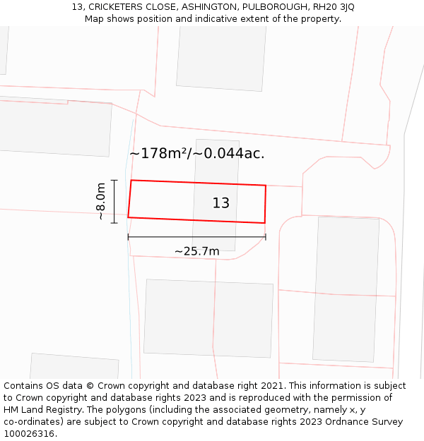 13, CRICKETERS CLOSE, ASHINGTON, PULBOROUGH, RH20 3JQ: Plot and title map