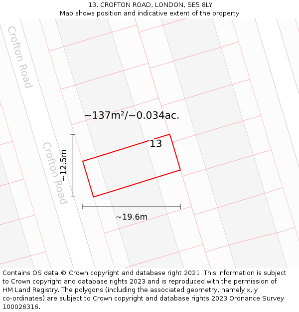 13, CROFTON ROAD, LONDON, SE5 8LY: Plot and title map