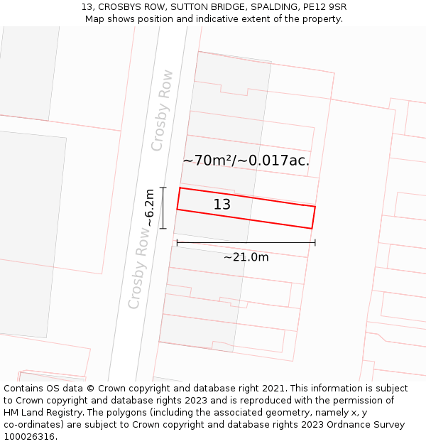 13, CROSBYS ROW, SUTTON BRIDGE, SPALDING, PE12 9SR: Plot and title map